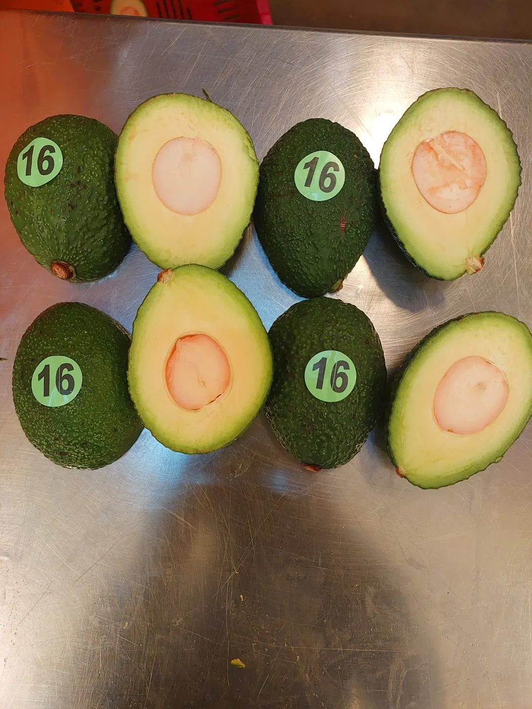 Avocados cut open and laid out by size for internal inspection